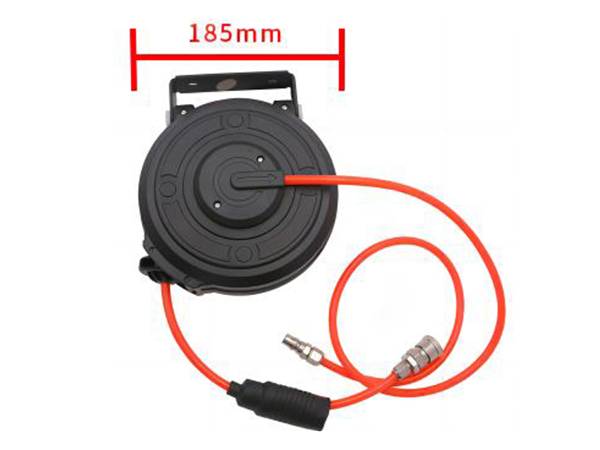 Front view of a mini air hose reel with width dimension
