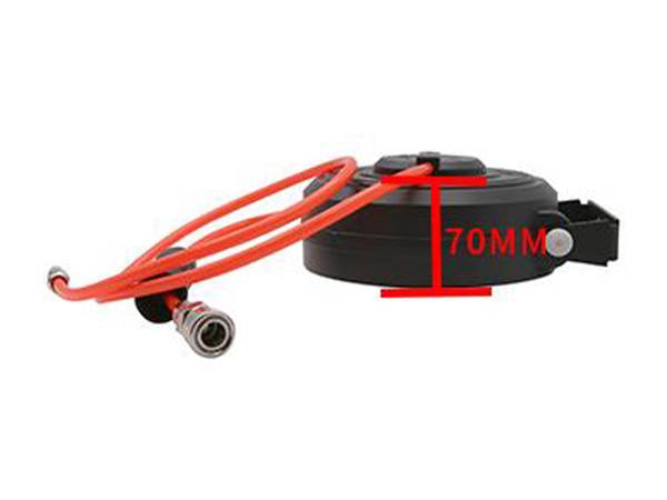 Side view of a mini air hose reel with thickness dimension