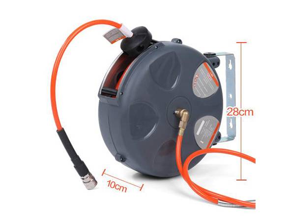 A dark gray air hose reel with sizing information