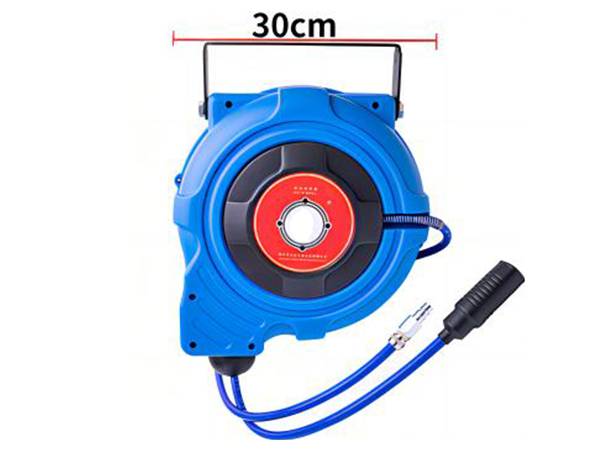 Front view of a blue automatic rewind hose reel with width dimension