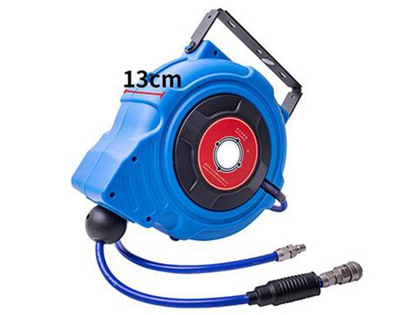 Side view of a blue automatic rewind hose reel with thickness dimension