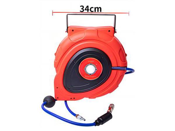Front view of a red automatic rewind hose reel with width dimension