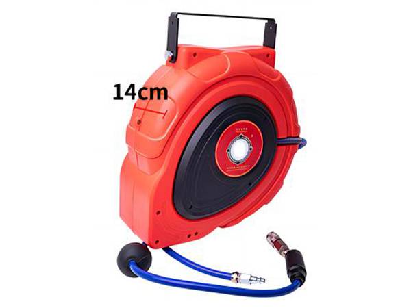 Side view of a red automatic rewind hose reel with thickness dimension