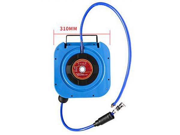 Front view of a blue automatic rewind hose reel with width dimension