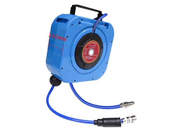 Side view of a blue automatic rewind hose reel with thickness dimension