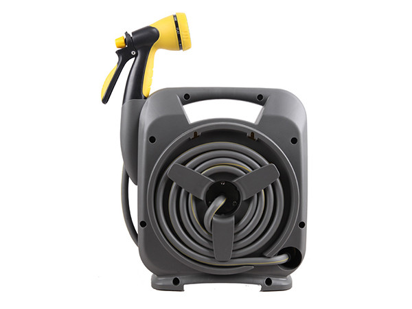 A display of the back structure of a portable garden hose reel