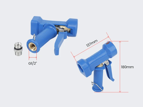 Two brass wash down water guns labeled with dimension data in different directions