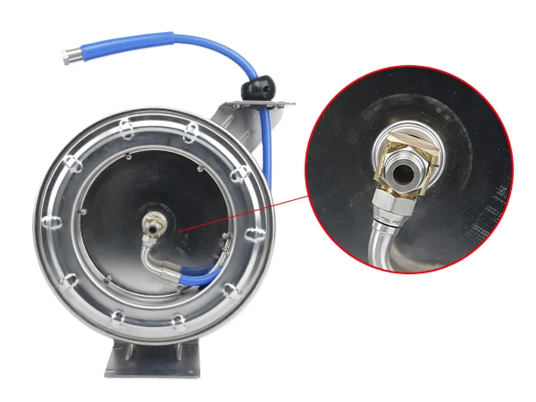 Food-grade stainless steel hose reel with blue hose