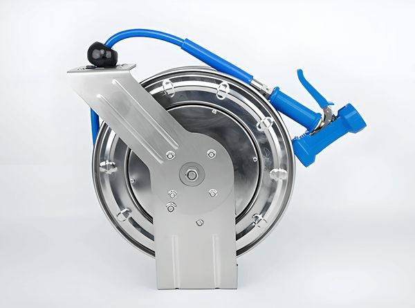 Food-grade stainless steel hose reel with hose on a white background