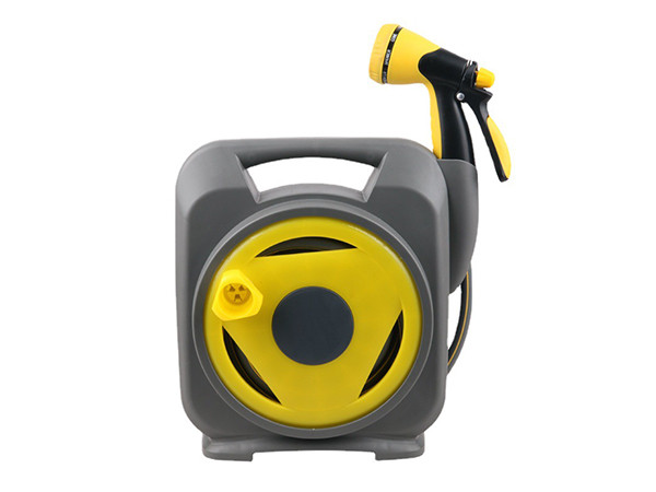 A display of the front structure of a portable garden hose reel