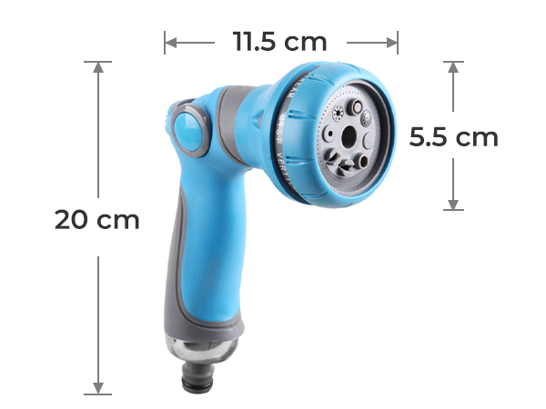 Size annotation of a blue garden water spray gun