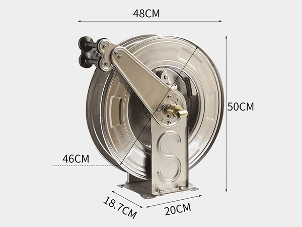 A large stainless steel hose reel with sizing information