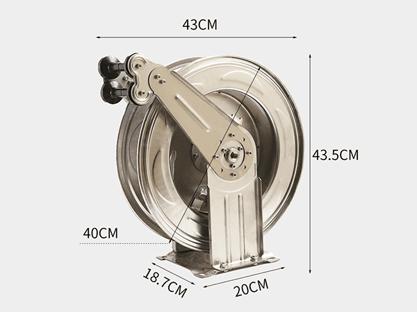 A small stainless steel hose reel with sizing information