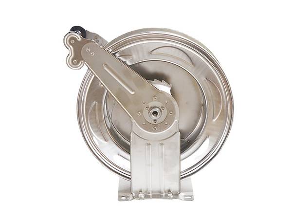 Side view of stainless steel industrial high pressure washer hose reel