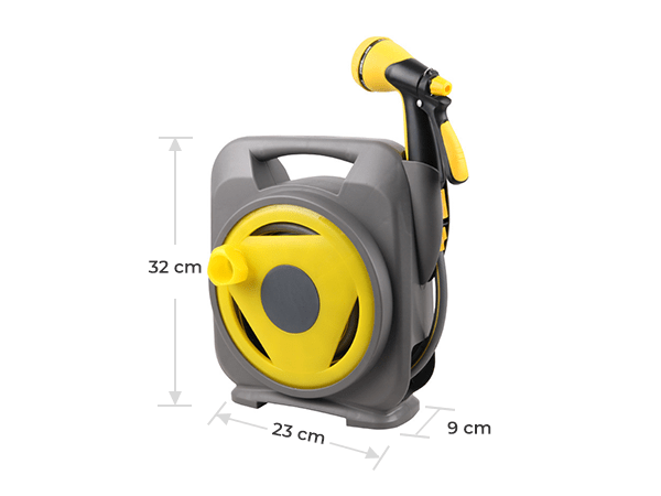 A portable garden hose reel with dimensional annotation