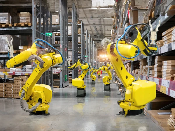 A reinforced PU air hose installed on an industrial robot in operation