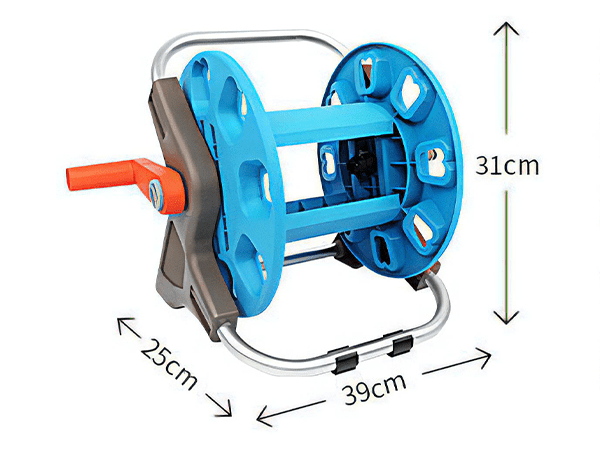 A 39 cm × 25 cm × 31 cm small portable garden hose reel