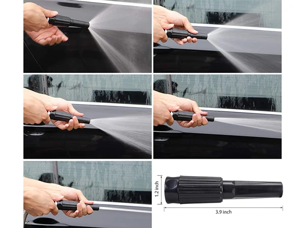 A person is adjusting five modes and nozzle sizes with a stainless steel garden metal hose nozzle