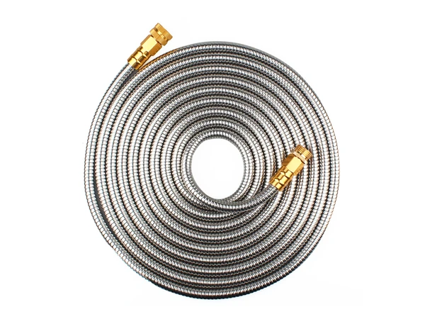 A stainless steel garden metal hose without a nozzle