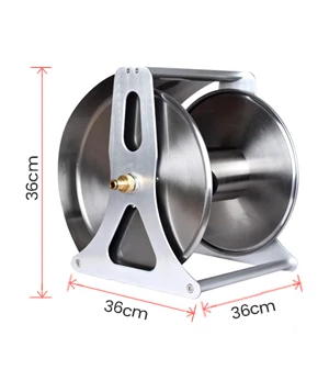 A stainless steel wall mount hose reel with cover, without a hose, marked with specific dimensions for length, width, and height.