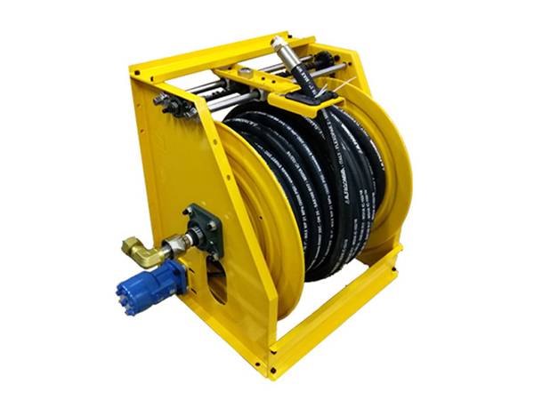 A UHP water hose reel with yellow frame