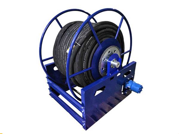 A UHP water hose reel with blue frame